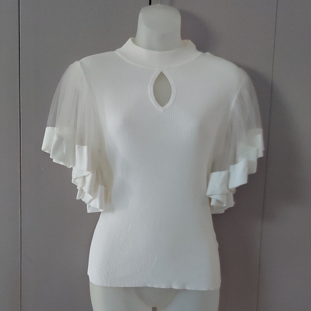 New York & Company 7th Avenue Design Studio White Ribbed Sheer Sleeved Top Sz M